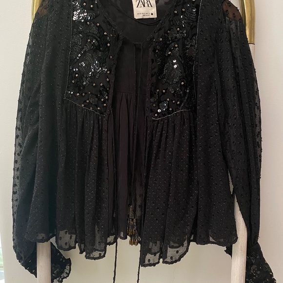 Zara Plumentis Bolero Sequin Dot Mesh Tasseled Black Party Jacket 5107/070 Sz XS - Picture 3 of 14